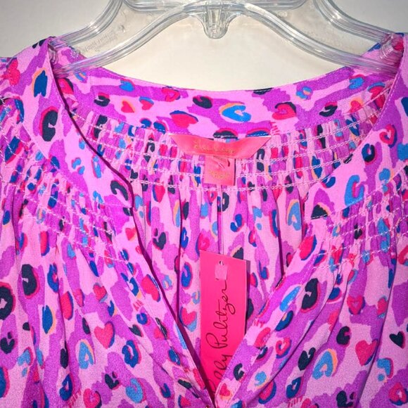 NWT Lilly Pulitzer Silk Long Sleeve Elsa Top Wild Fuchsia Spotted In Love Pink - Picture 8 of 9